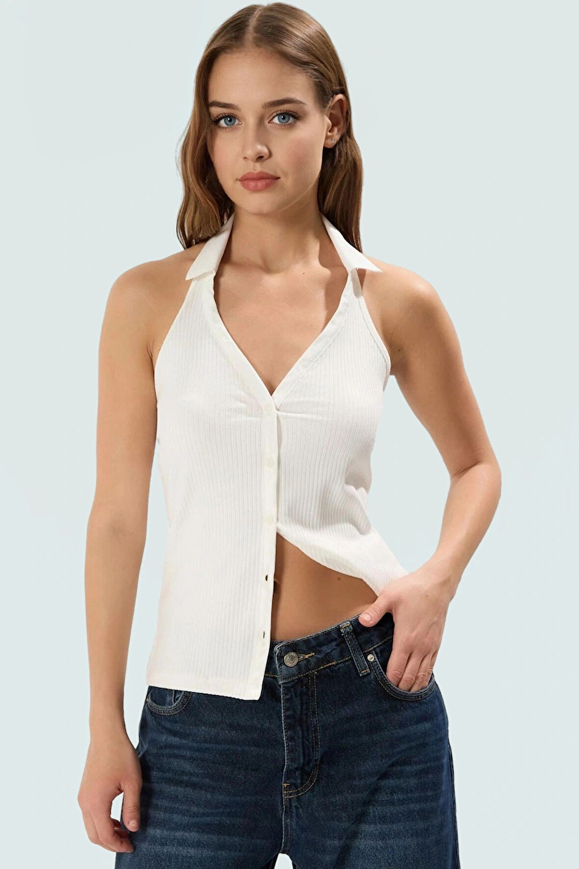 Pamuklu Kaşkorse Örme Bluz Renk Kolsuz Polo Yaka Fitted Fermuarlı Konforlu Kesim