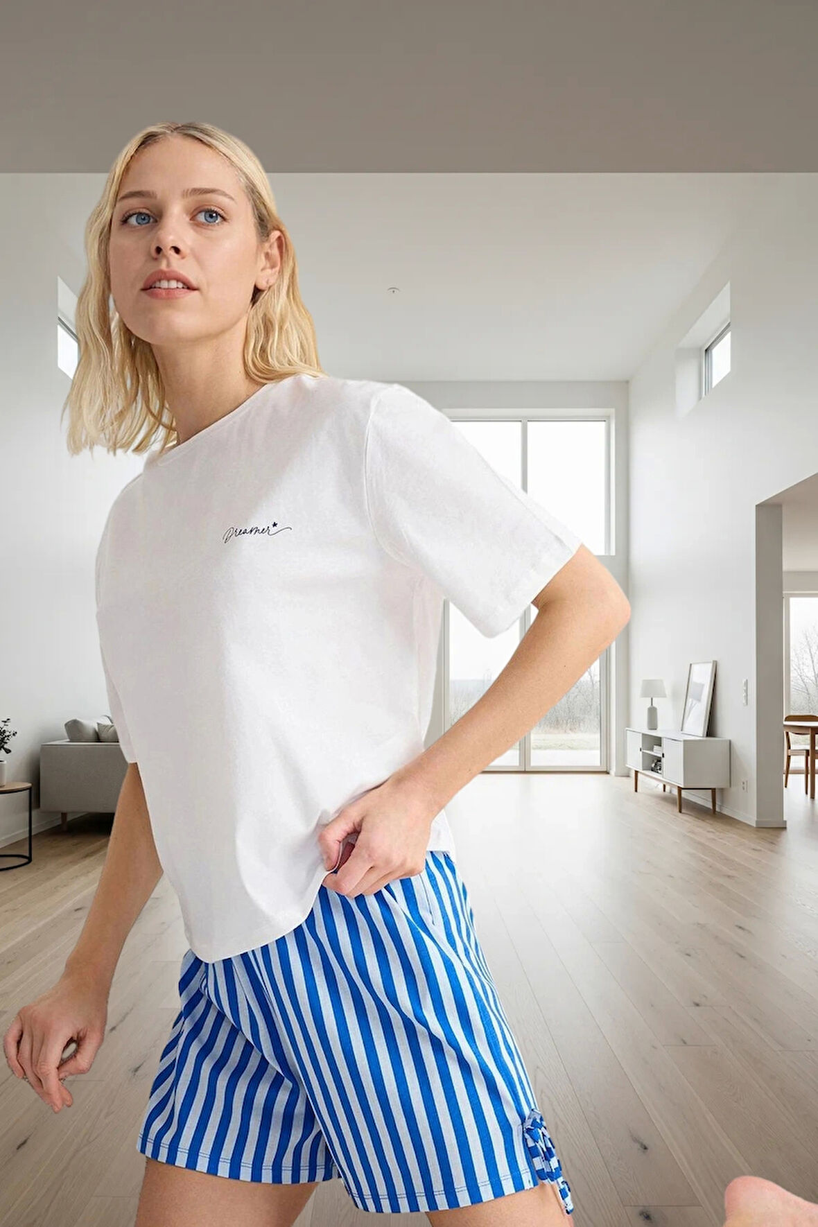 100 Pamuk Örme Pijama Takımı Şık Çizgili Desen Boru Paça Şort Rahat Kalıp Ve