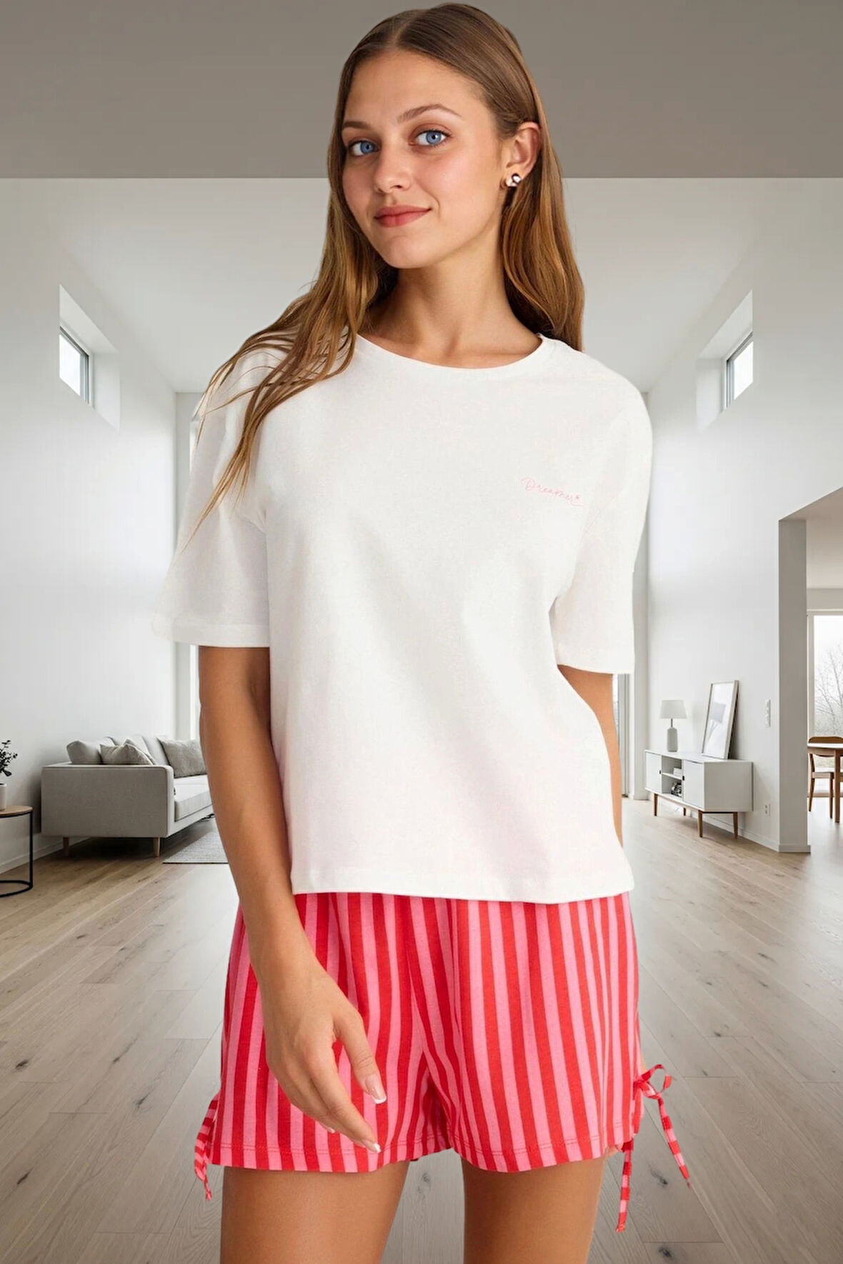 100 Pamuk Örme Pijama Takımı Şık Çizgili Desen Boru Paça Şort Rahat Kalıp Ve