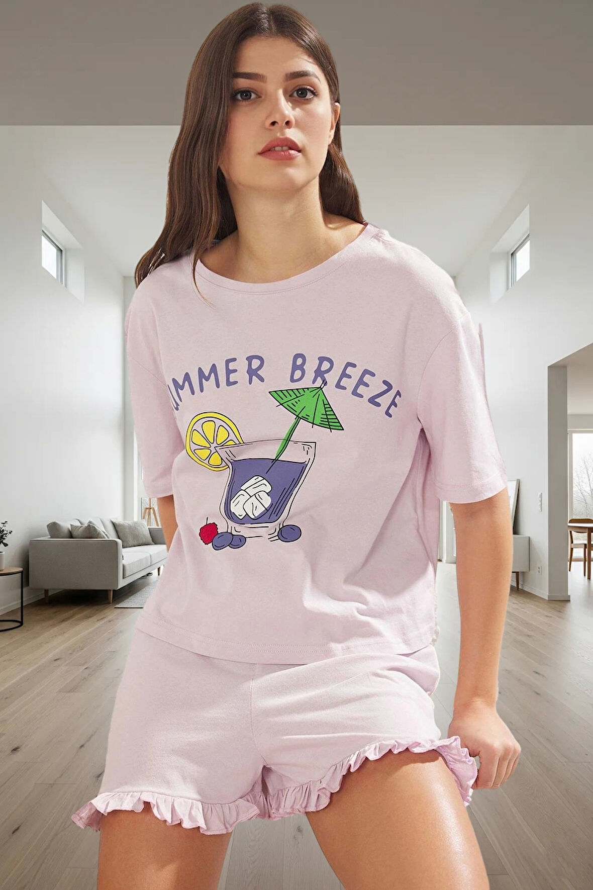 Rahat Yazlık Pijama Takımı %100 Pamuk Örme Kumaş Mükemmel Uyum Dayanıklı Malzeme Kullanım