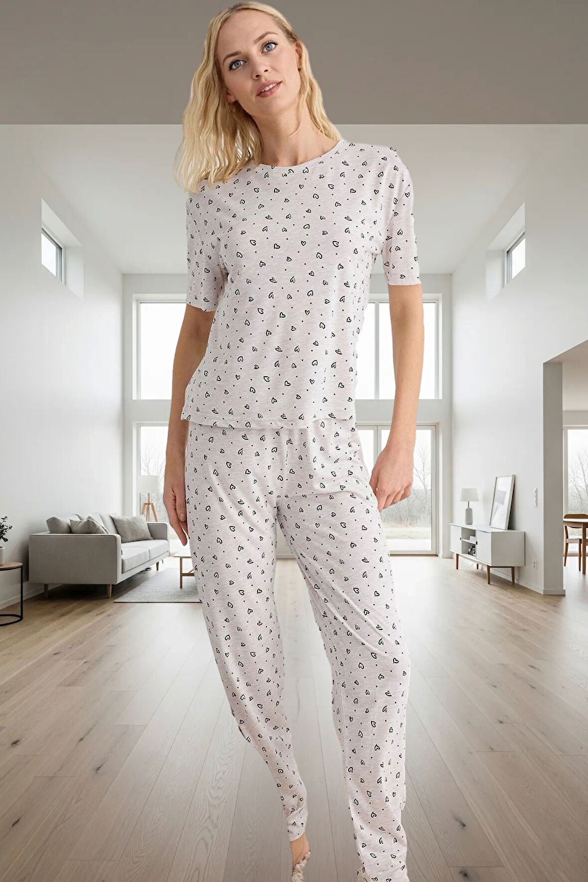 Ev Giyim Takımı Kalp Desenli Yumuşak Örme Kumaş Regular Kalıp Uzun Ömürlü Şık Görünüm