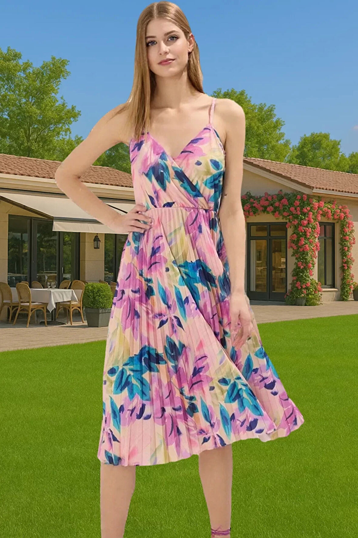 Şık Kadın Midi Elbise Polyester Elastan Astarlı Yazlık Özel Tasarım Zarifane Tasarım Rahat Ve Şık