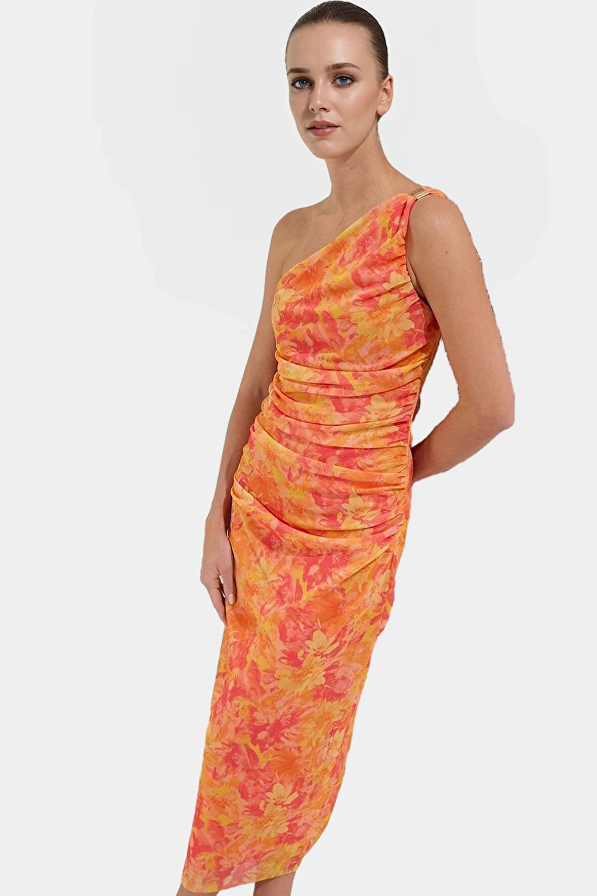 Tek Omuzlu Midi Elbise Vücuda Oturan Aksesuarlı Tül Örme Kumaş Dayanıklı Malzeme