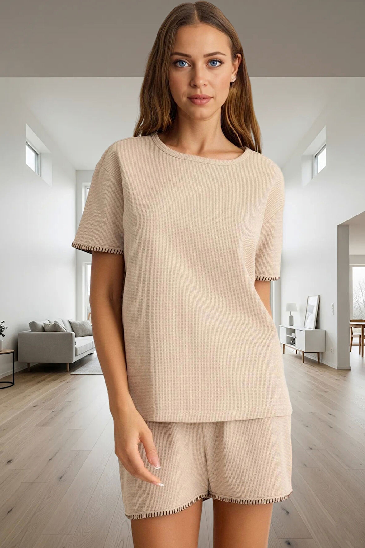 Homewear Pijama Takımı Kısa Kollu Waffle Kumaş Regular Kalıp Yazlık Seçkin Malzeme