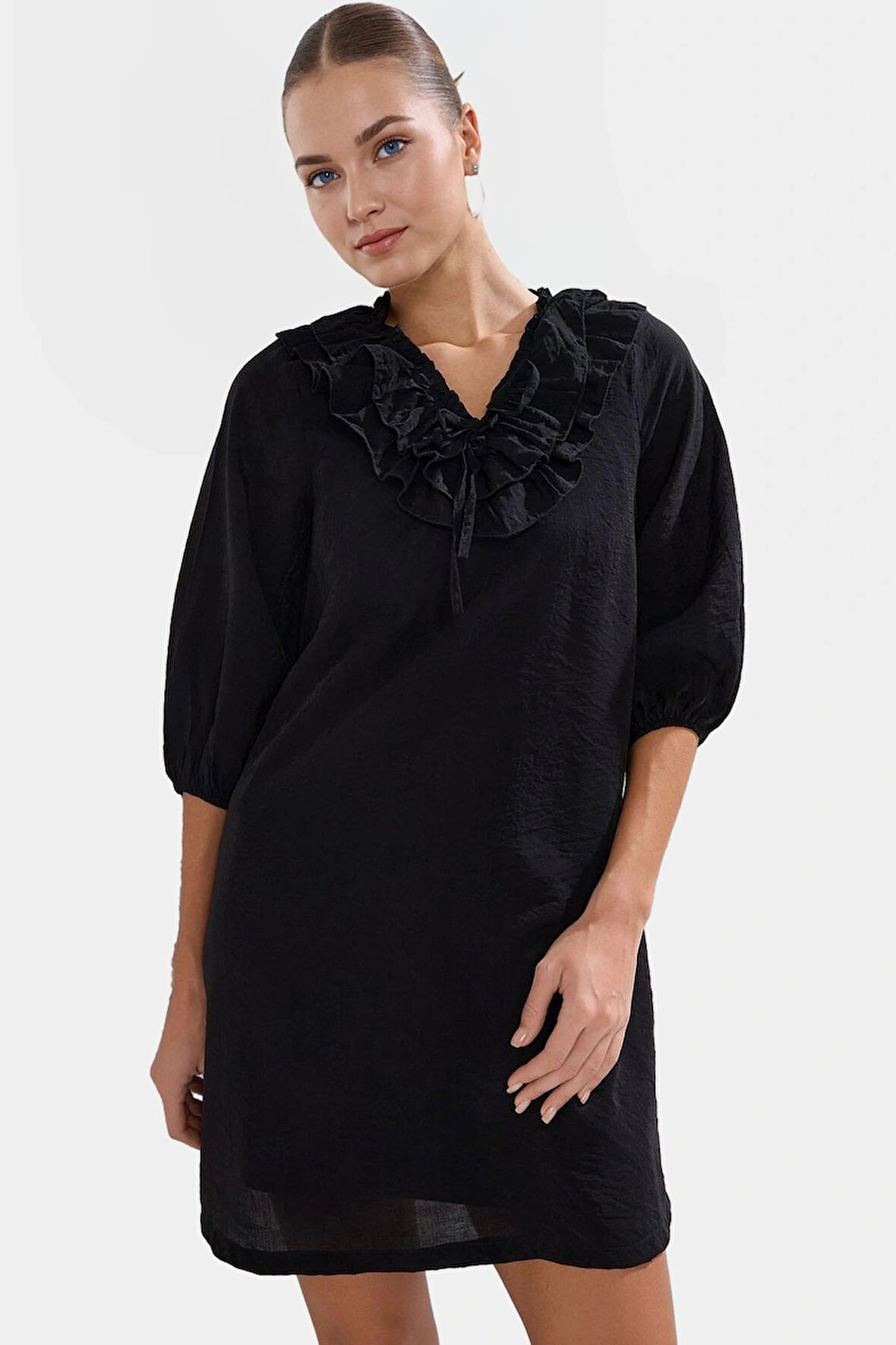 Dokuma Şifon Mini Elbise V Yaka Fırfır Detay Astarlı Yazlık Uzun Ömürlü Rahat Ve Şık