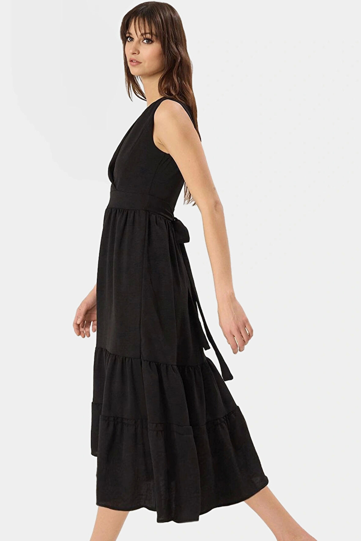 Şık ve Konforlu Aerobin Dokuma Midi Elbise V Yaka Belden Modern Stil Özenle Seçilmiş