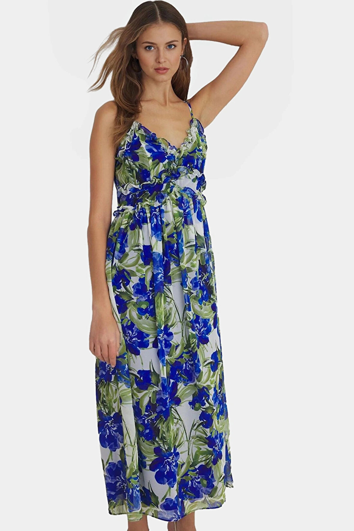 Astarlı Şifon Maxi Elbise Feminen V Yaka Çiçekli Desen Rahat Kalıp Konforlu Kesim Trend Tasarım