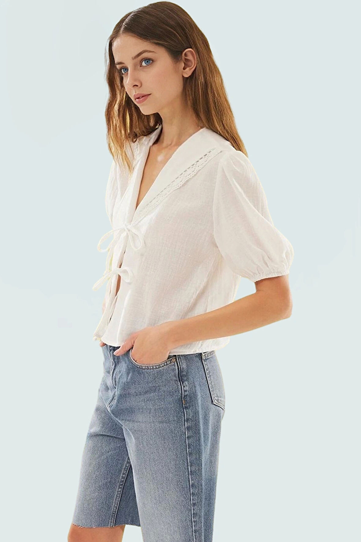 Dokuma Crinkle Bluz V Yaka Önü Bağlamalı Yazlık Modern Stil Dayanıklı Malzeme