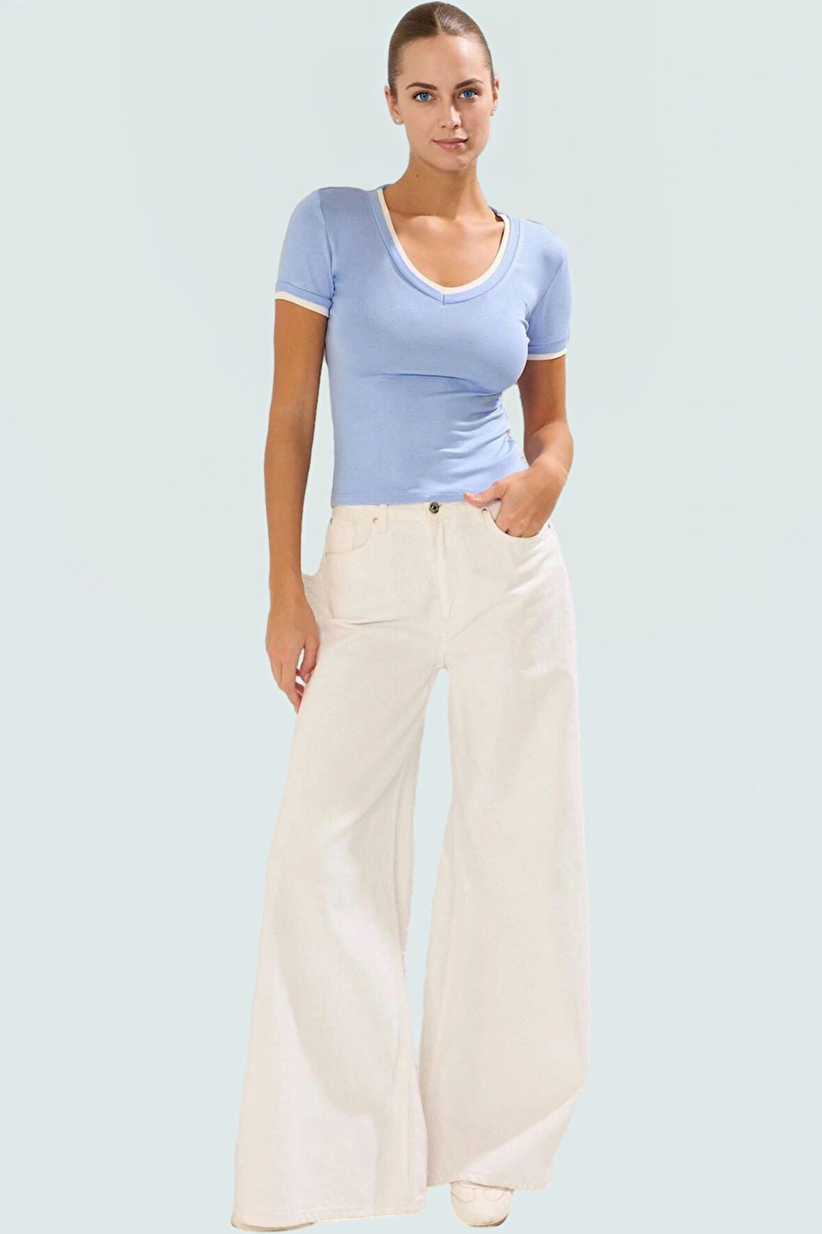 Renk Bloklu Pamuklu Bluz Rahat Fitted V Yaka Kısa Kollu Yazlık Ve Şık