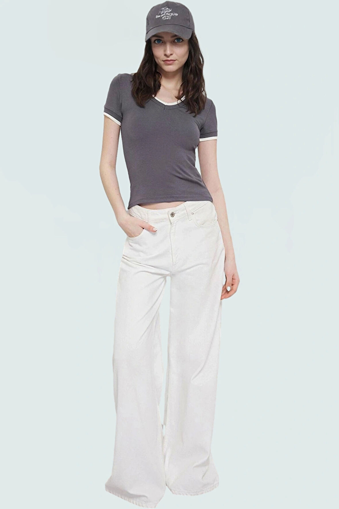 Renk Bloklu Pamuklu Bluz Rahat Fitted V Yaka Kısa Kollu Yazlık Ve Şık