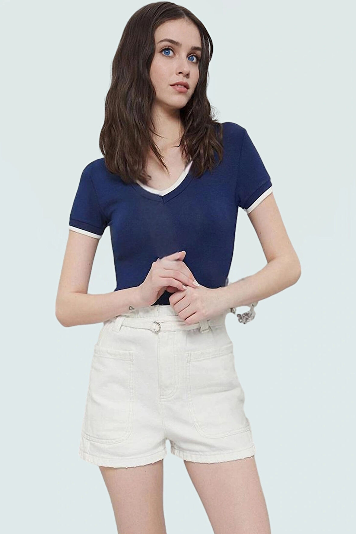 Renk Bloklu Pamuklu Bluz Rahat Fitted V Yaka Kısa Kollu Yazlık Ve Şık