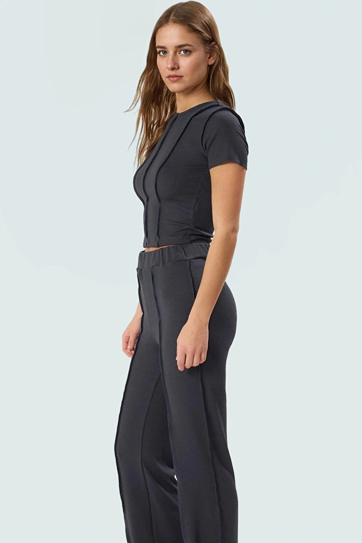 Şık ve Rahat Örme Kadın Takım Polyester Kaşkorse Kumaş İspanyol Paça Pantolon Yazlık Modern Stil