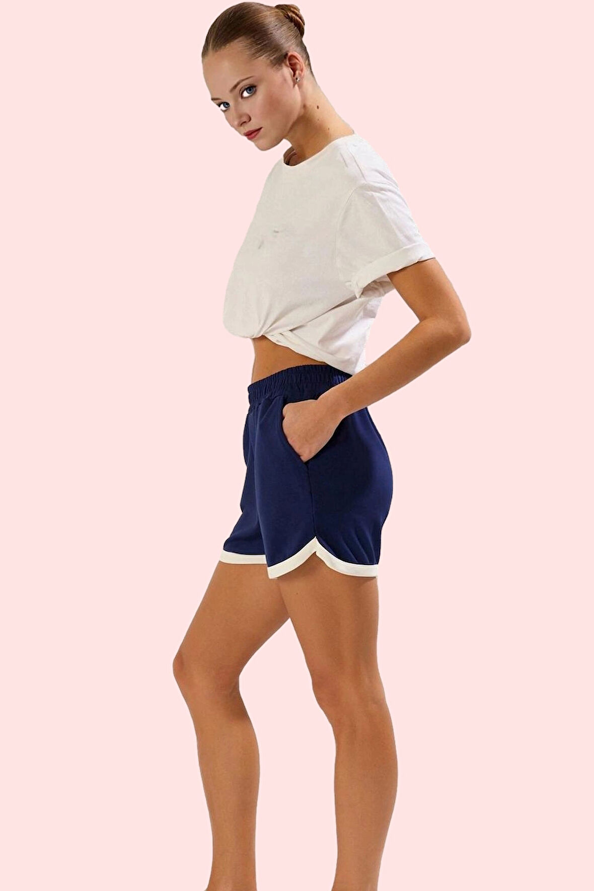 Kadın Spor Şort Beli Lastikli Kısa Boy Nefes Alan Kumaş Yaz Aylarına Özel Günlük Kombinler