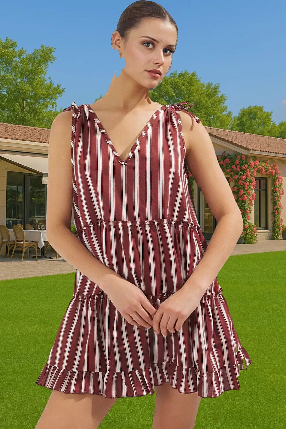 Rahat V Yaka Plaj Elbisesi %100 Pamuklu Mini Elbise Yazlık Konforlu Kesim Profesyonel Görünüm