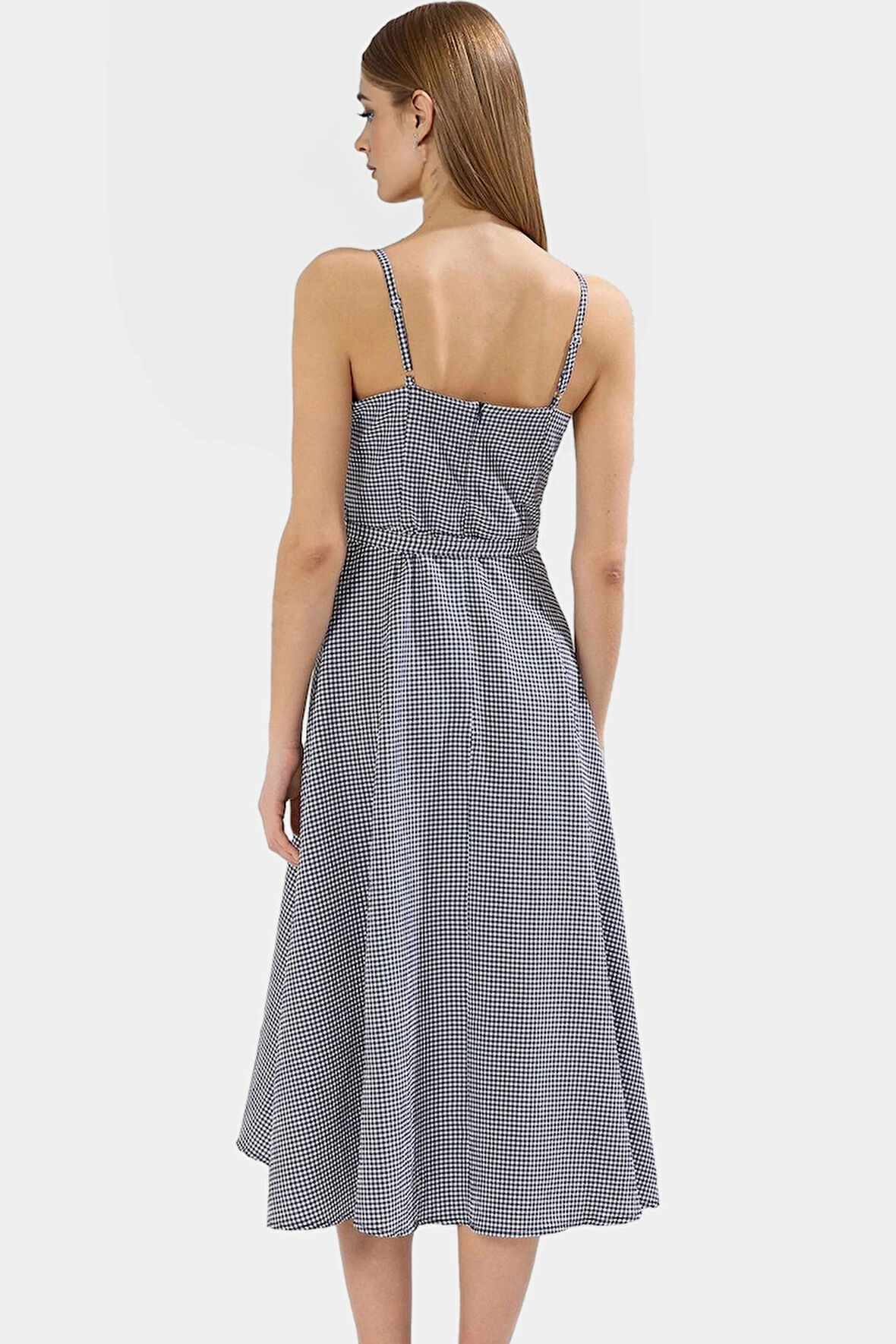 Şık Kareli A Kesim Midi Elbise Nefes Alan Dokuma Kumaş Yazlık Kemer Detaylı Seçkin Malzeme