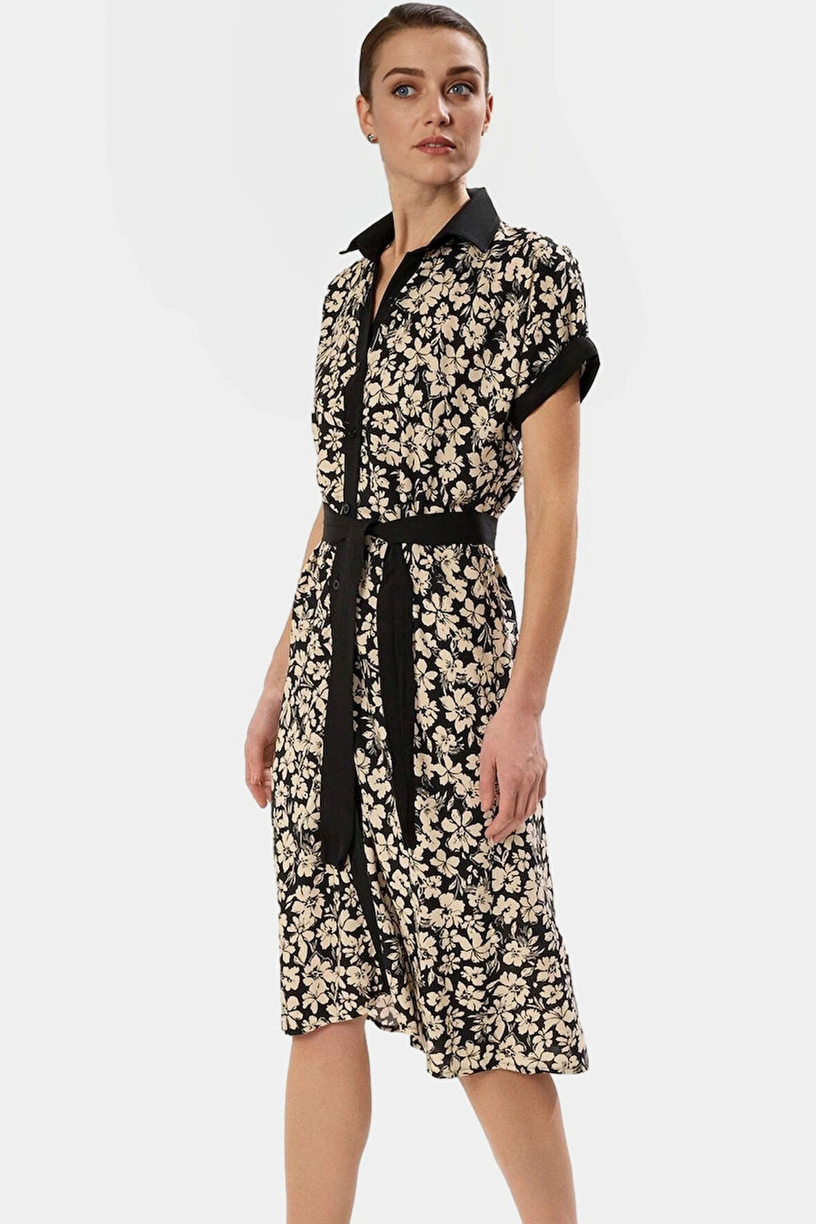 Dokuma Viskoz Gömlek Elbise Çiçek Desenli Midi Boy Trend Tasarım Rahat Kullanım Modern Stil