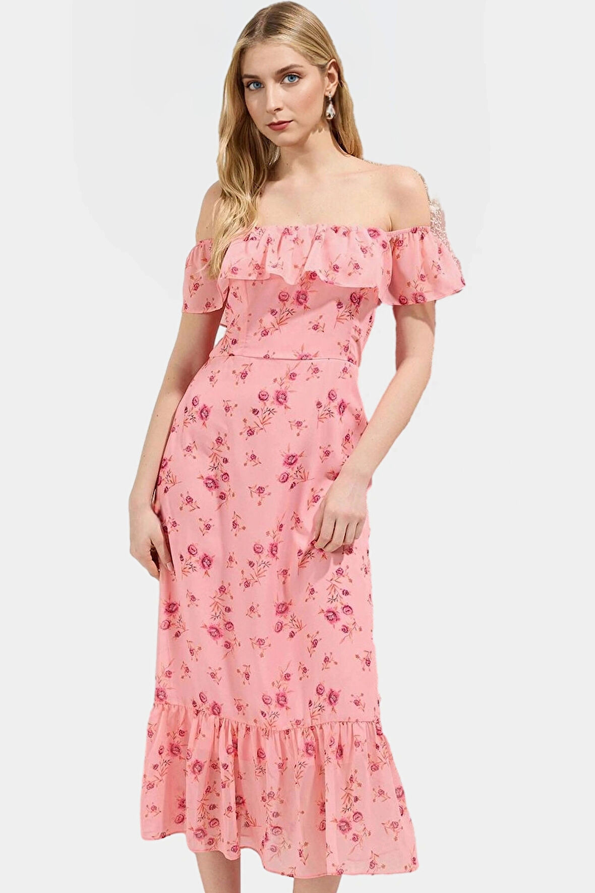 Dokuma Polyester Midi Elbise Belden Açılan Etek Çiçek Desenli Carmen Yaka Günlük Kullanım İçin