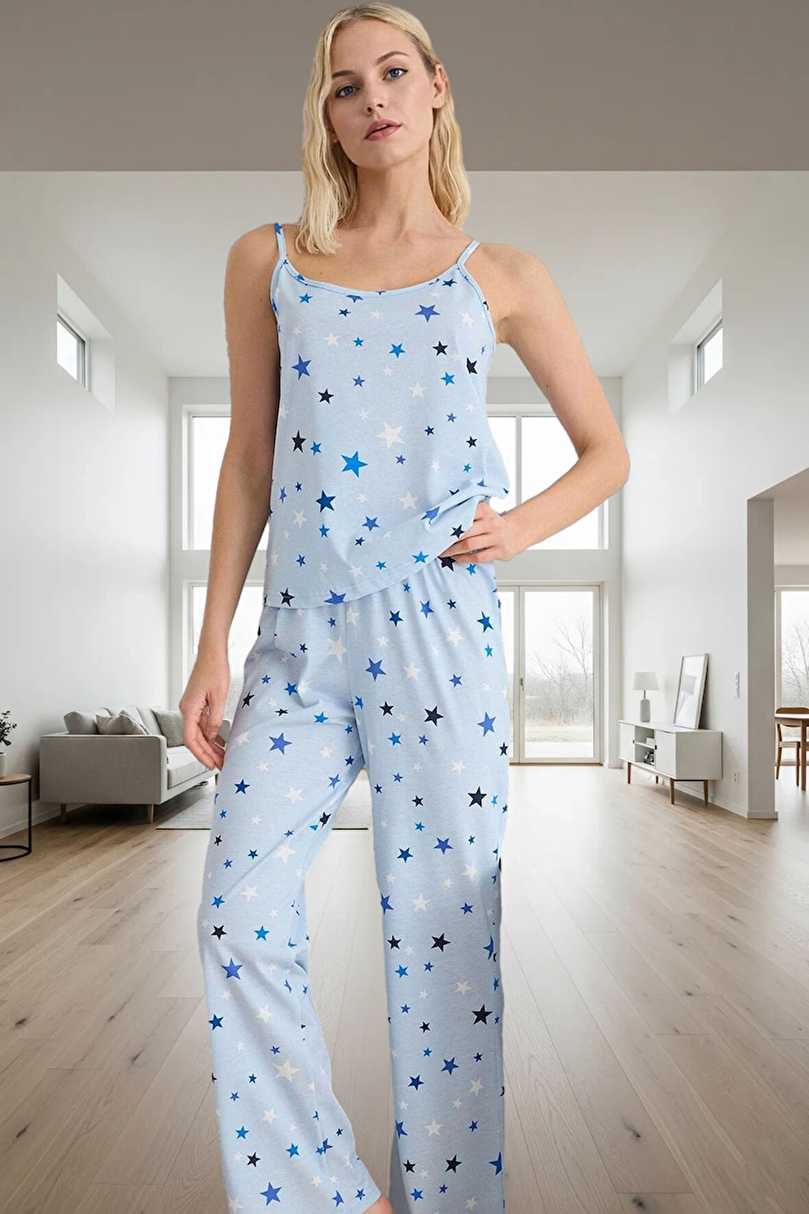 Yıldız Desenli İnce Askılı Pijama Takımı %52 Polyester %48 Pamuk Rahat Kalıp Yüksek Kalite