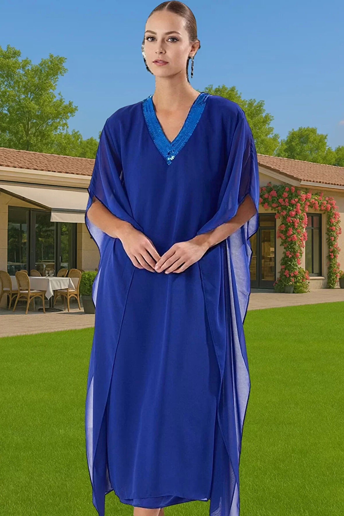 Midi Boy Polyester Şifon Abiye Elbise Payet Detaylı Zarifane Tasarım Dayanıklı Malzeme