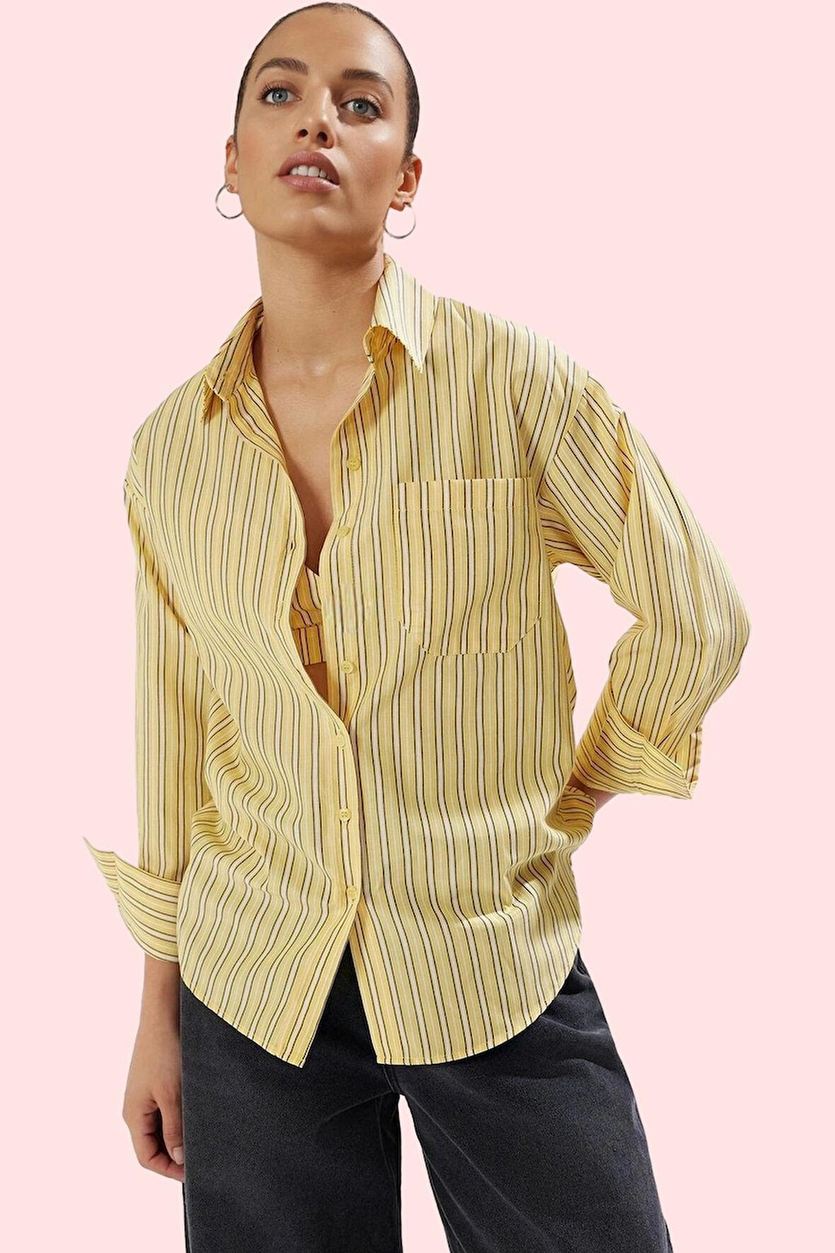 Kadın Pamuklu Polyester Dokuma Gömlek Çizgili Oversize Günlük Hafta Sonu Dayanıklı Malzeme