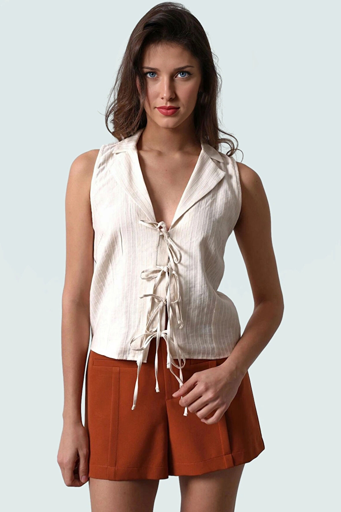 100 Pamuk Keten Görünümlü Bluz Kolsuz Ceket Yaka Regular Kalıp Yazlık Premium Kalite