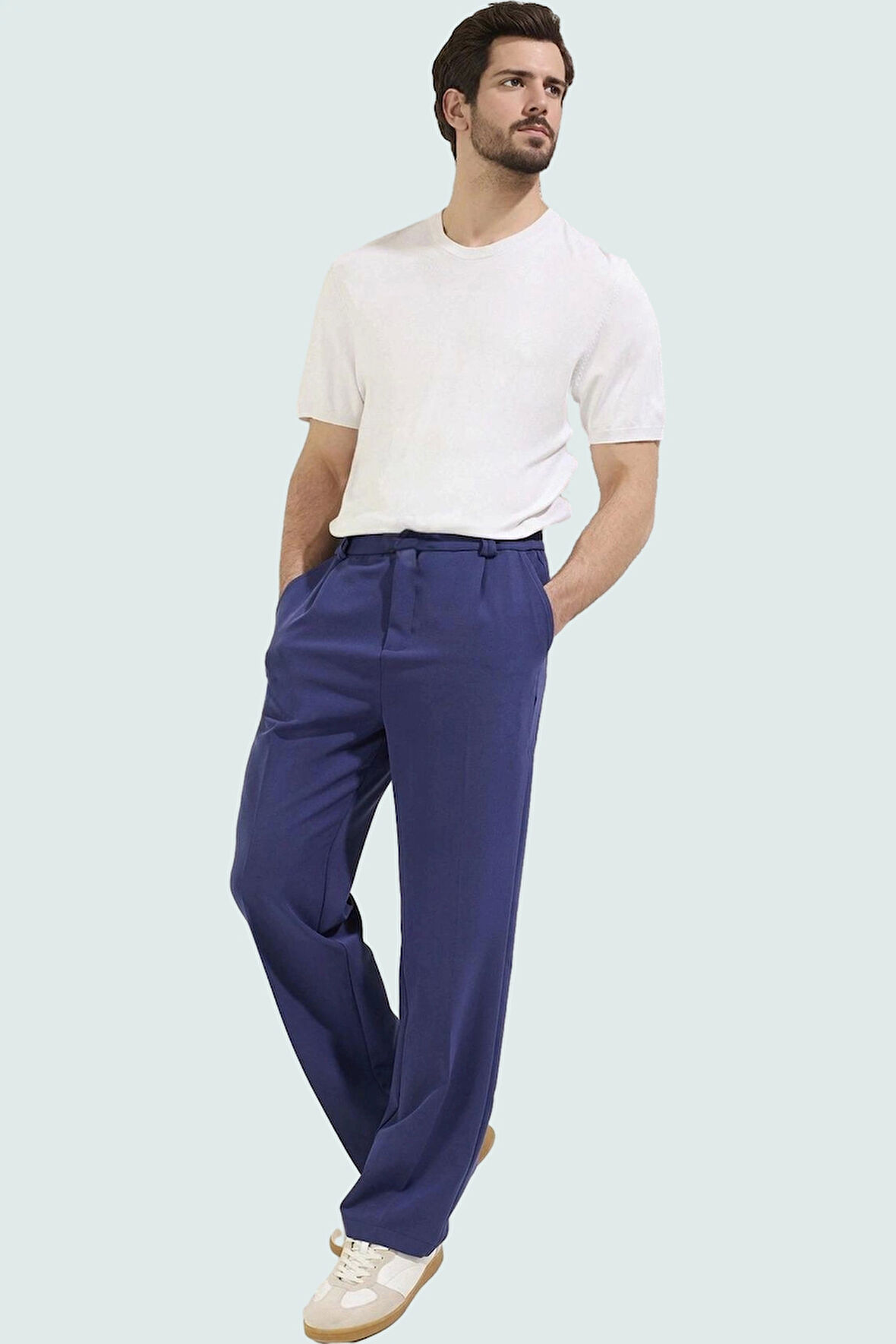 Erkek Normal Bel Geniş Paça Pantolon Rahat Kalıp Finike Dokuma Casual Stil Günlük Kullanım