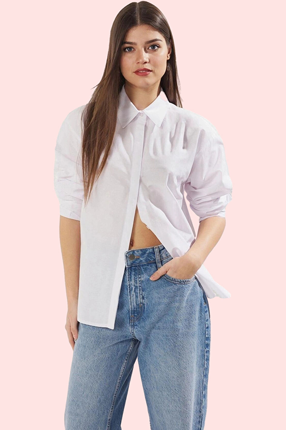 Kadın Uzun Kollu Gömlek; Oversize Terrycotton Kumaş Çiçek Detay İş ve Günlük Modern Tasarım