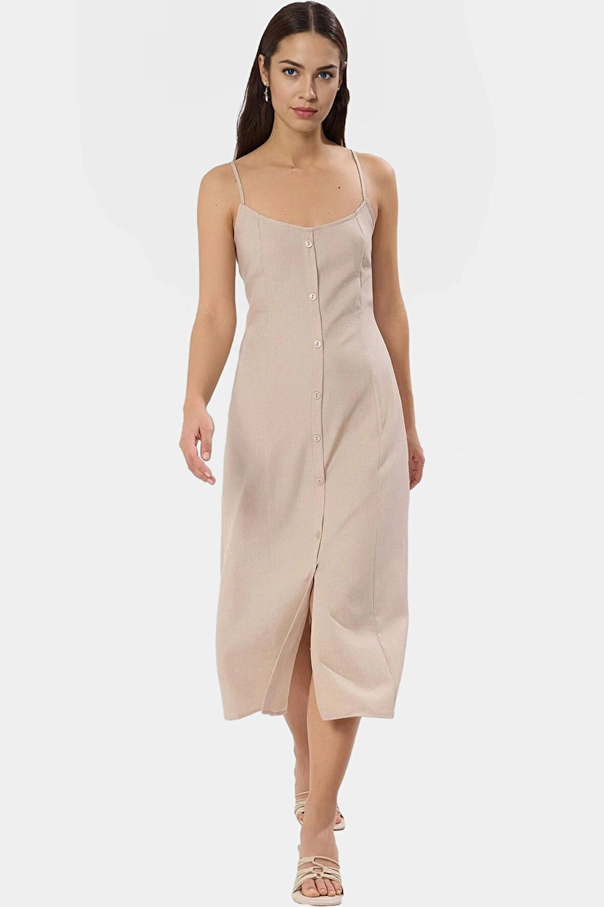 Cool & Comfort Dokuma Gömlek Elbise Polyester Midi Boy Kare Yaka Günlük Kullanım İçin