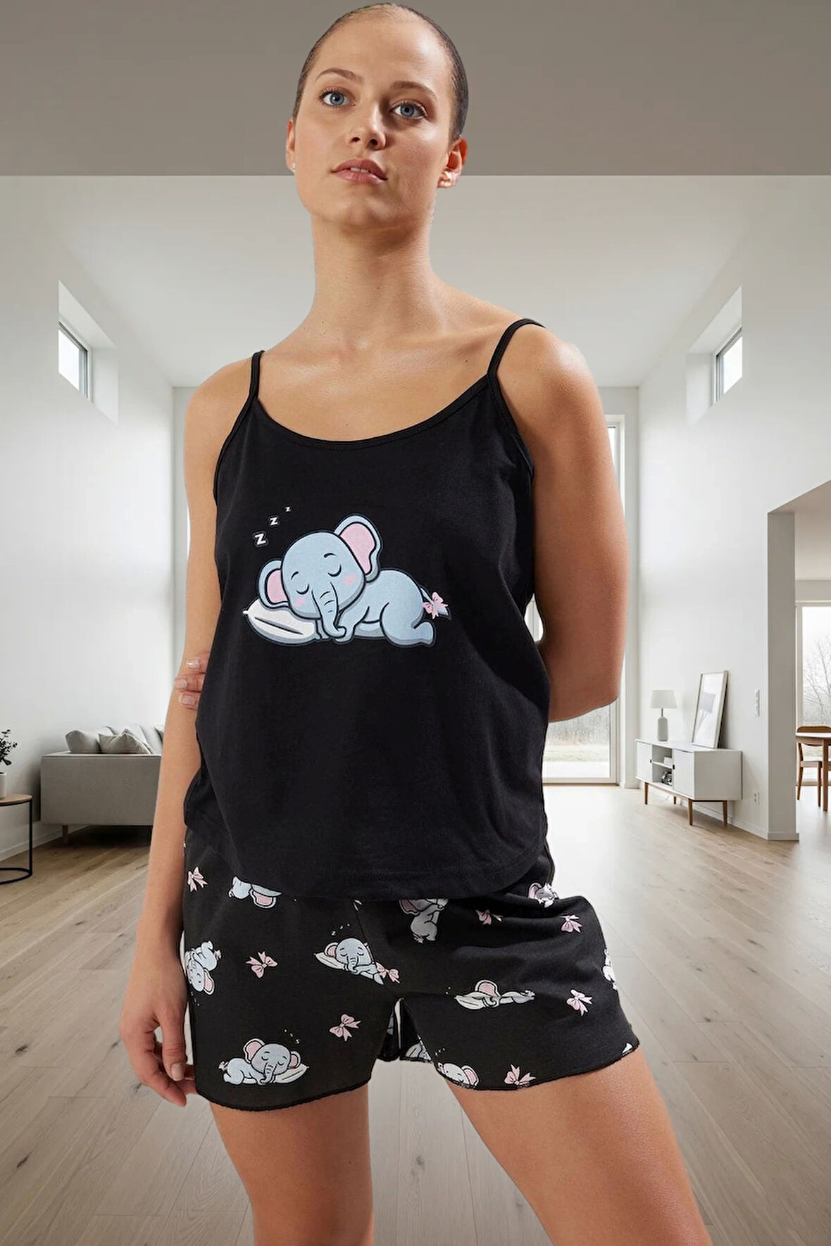 Fil Desenli Pamuk Örme Pijama Takımı Yaz İçin İdeal Konfor Günlük Kullanım