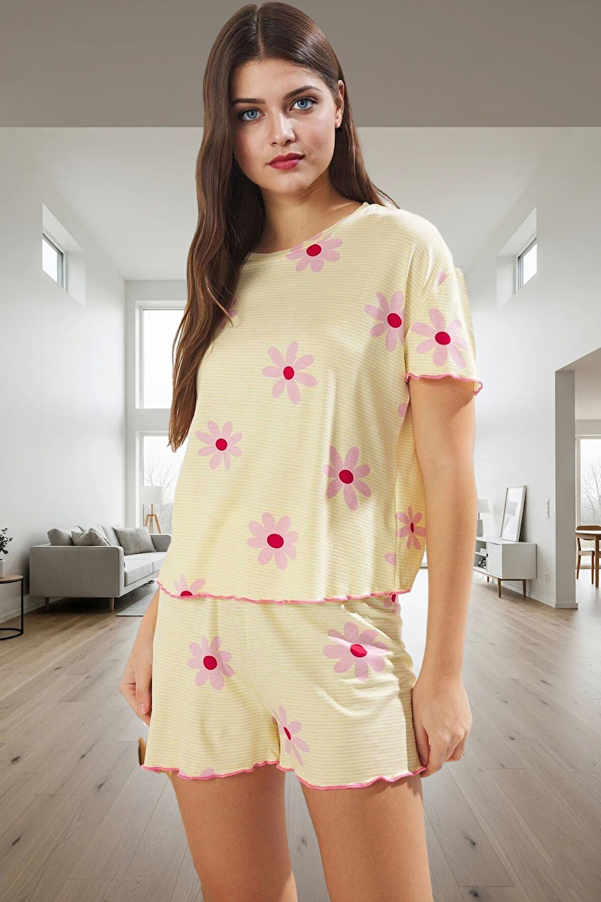 Çiçekli Desenli Rahat Viskoz Pijama Takımı Baby Overlok Detaylı Kısa Kollu Yazlık Özenle Seçilmiş