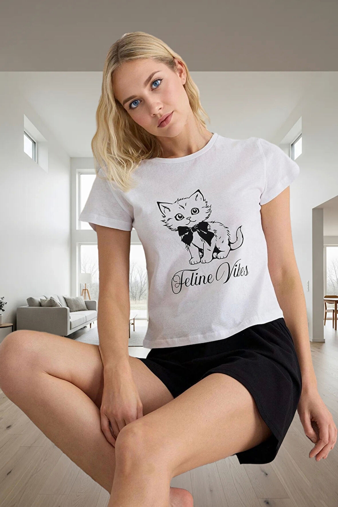 Kedi Desenli Regular Kalıp Örme Viskoz Pijama Takımı Şortlu Zarifane Tasarım Konforlu Kesim