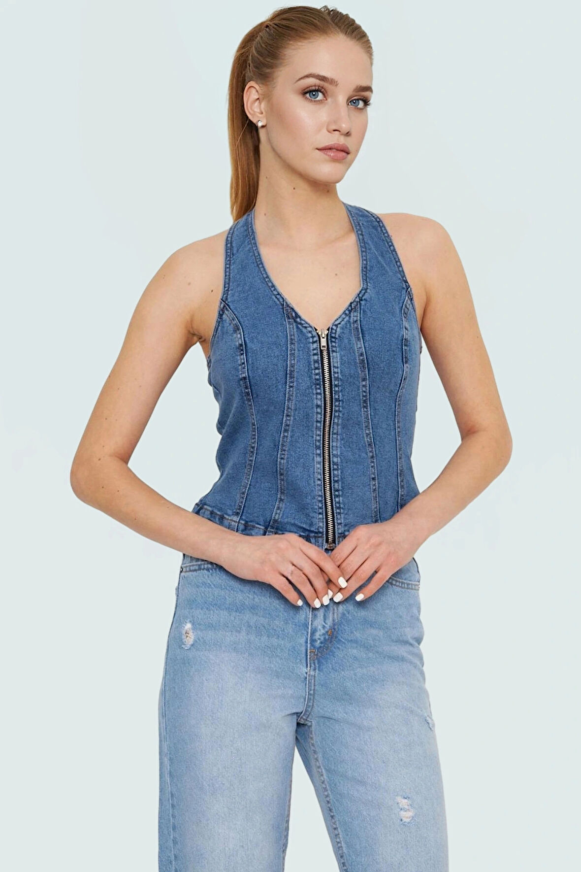 Stretch Denim Bluz Ön Fermuarlı Halter Yaka Regular Günlük Kombinler Özenle Seçilmiş