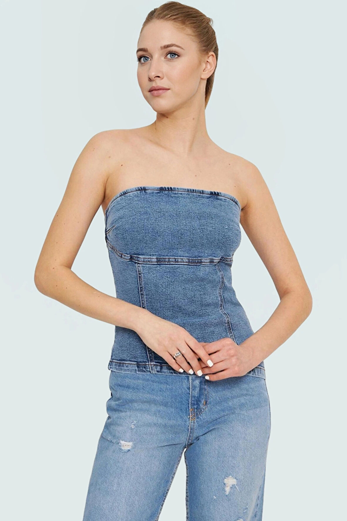 Omzu Denim Bluz %99 Pamuk Stretch Rahat Kalıp Yaz Yüksek Kalite Konforlu Kesim