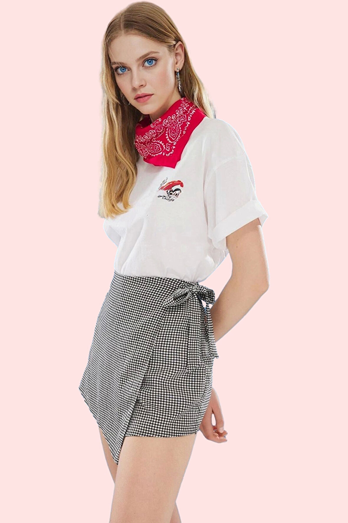 Kadın Yüksek Bel Şort Etek Ekose Desenli Kısa Boy Gofre Dokuma Yazlık Günlük Modern Tasarım