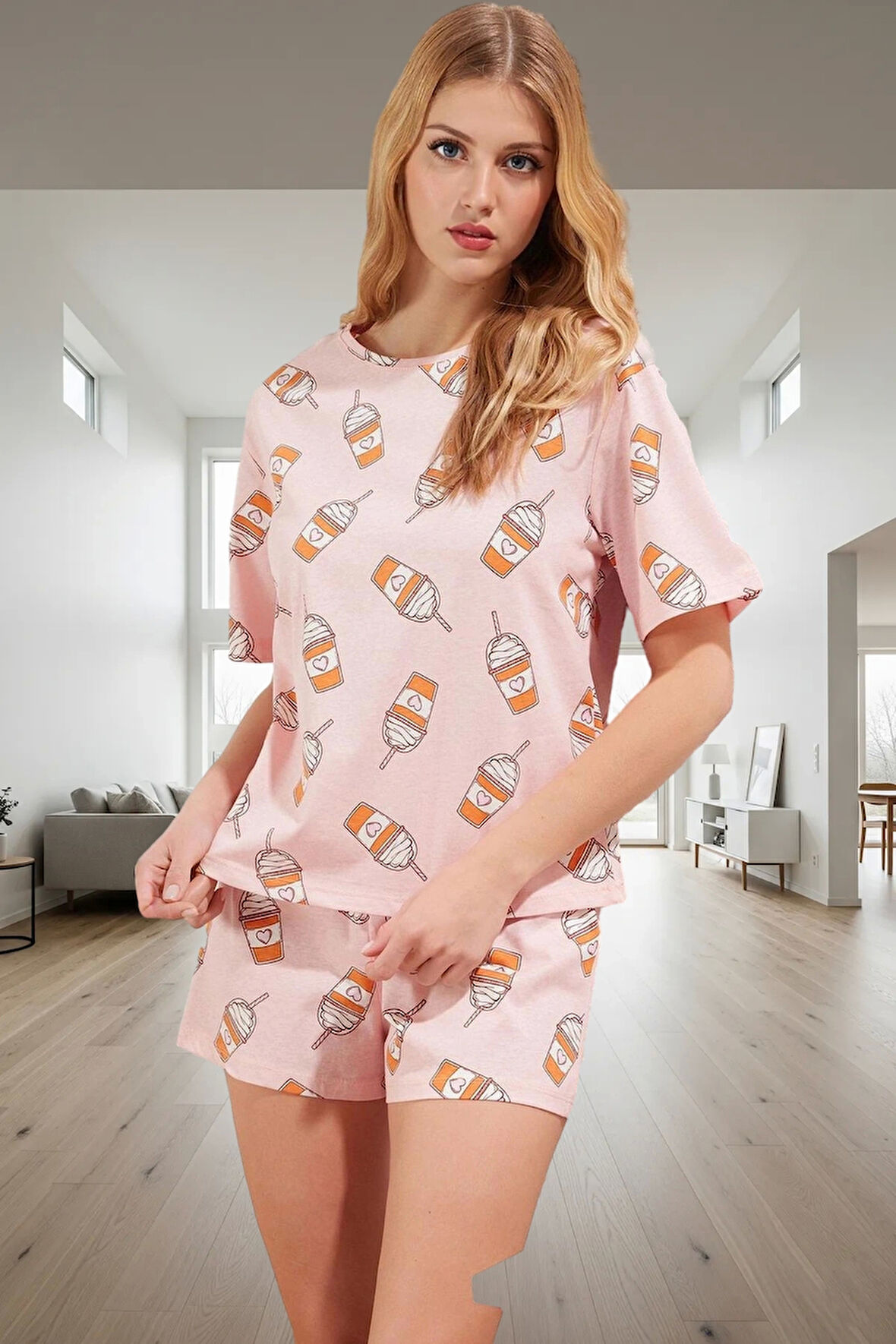 Ev Giyim İçin %100 Pamuk Baskılı Pijama Takımı Şortlu ve Kısa Kollu Tasarım Rahat Kullanım