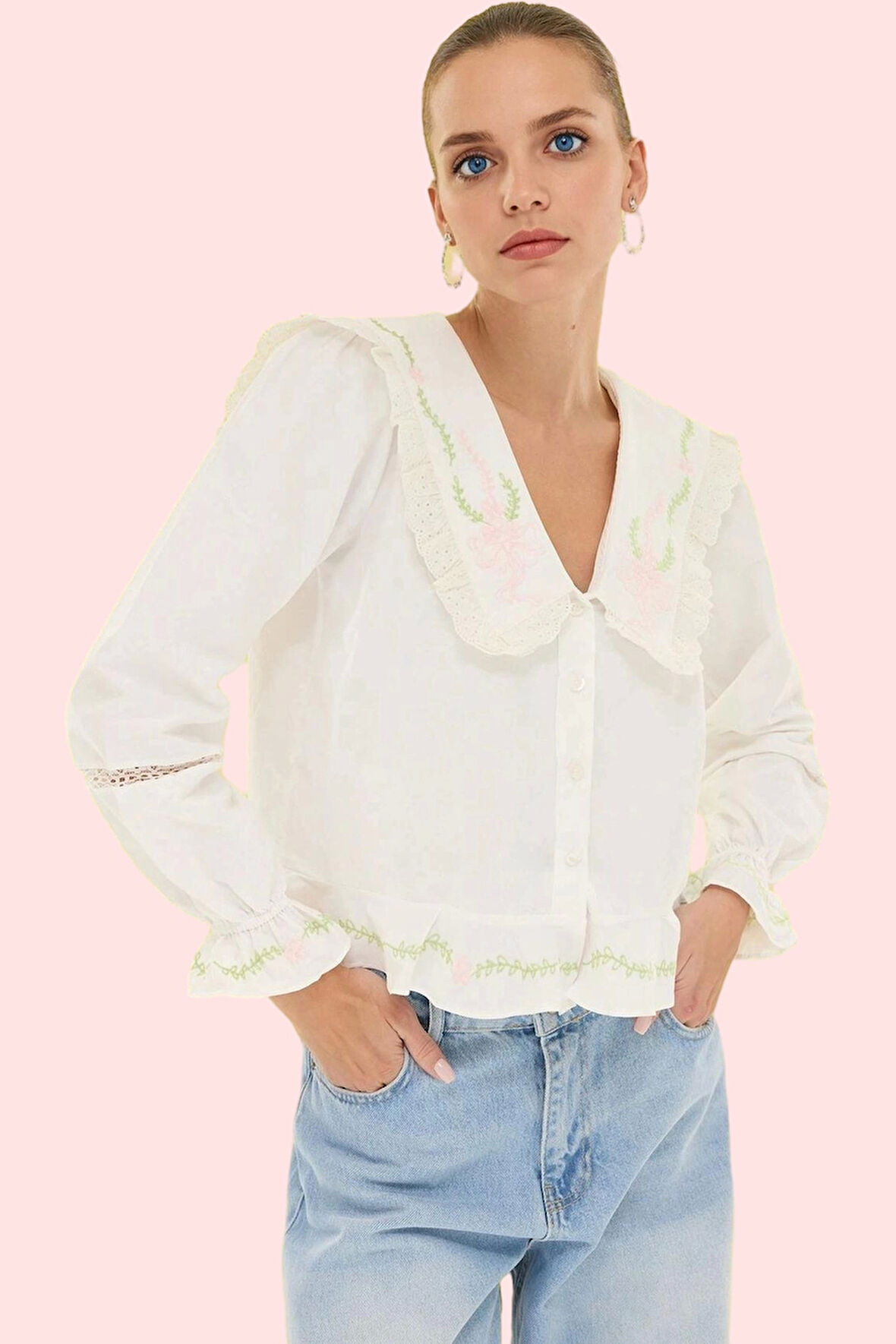 Kadın Terrycotton Kumaş Gömlek V Yaka Uzun Kollu Nakışlı Günlük Kombinler Kaliteli Malzeme