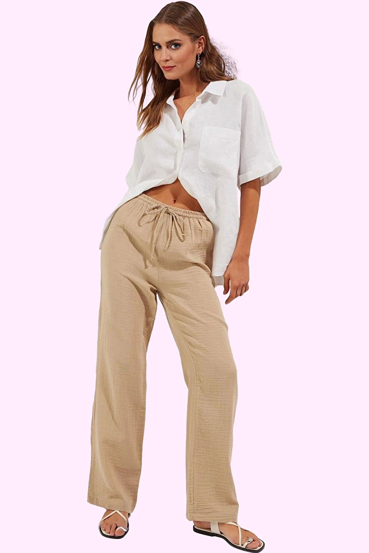 Kadın Yüksek Bel Geniş Paça Müslin Pantolon Pamuk Yazlık Günlük Kombin Yaz Aylarının Vazgeçilmezi