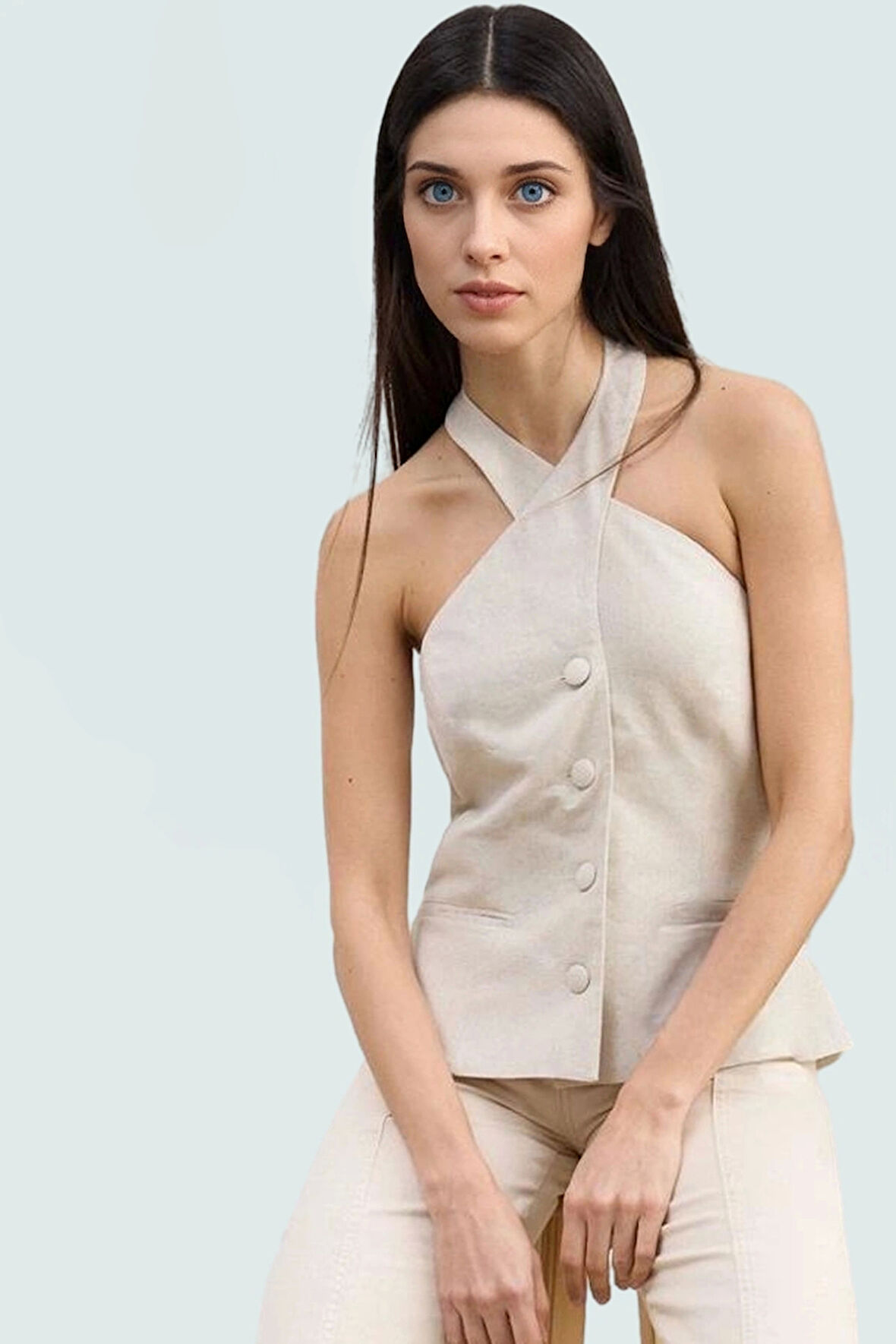 Fitted Yelek Keten Karışımlı Halter Yaka Yazlık Bluz İş Giyim Zarifane Tasarım Özel