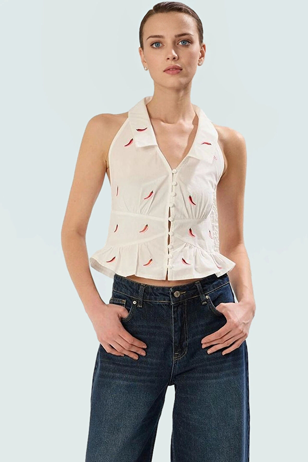 Kolsuz Bluz Fitted Terrycotton Kumaş Biber Desenli Şık Tasarım Dayanıklı Malzeme Yüksek Kalite