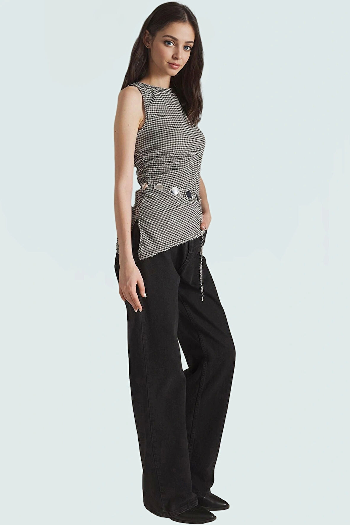 Nefes Alan Örme Bluz Ekose Desen Fitted Kalıp Yazlık Şık Görünüm Rahat Ve