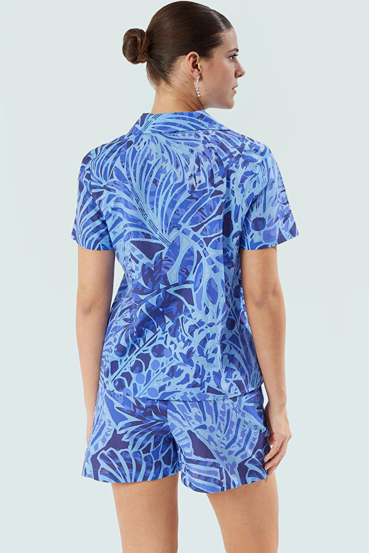 Desenli Pamuk Vual Kadın Yazlık Takım Şort ve Gömlek Nefes Alabilir Dokuma Seçkin Malzeme