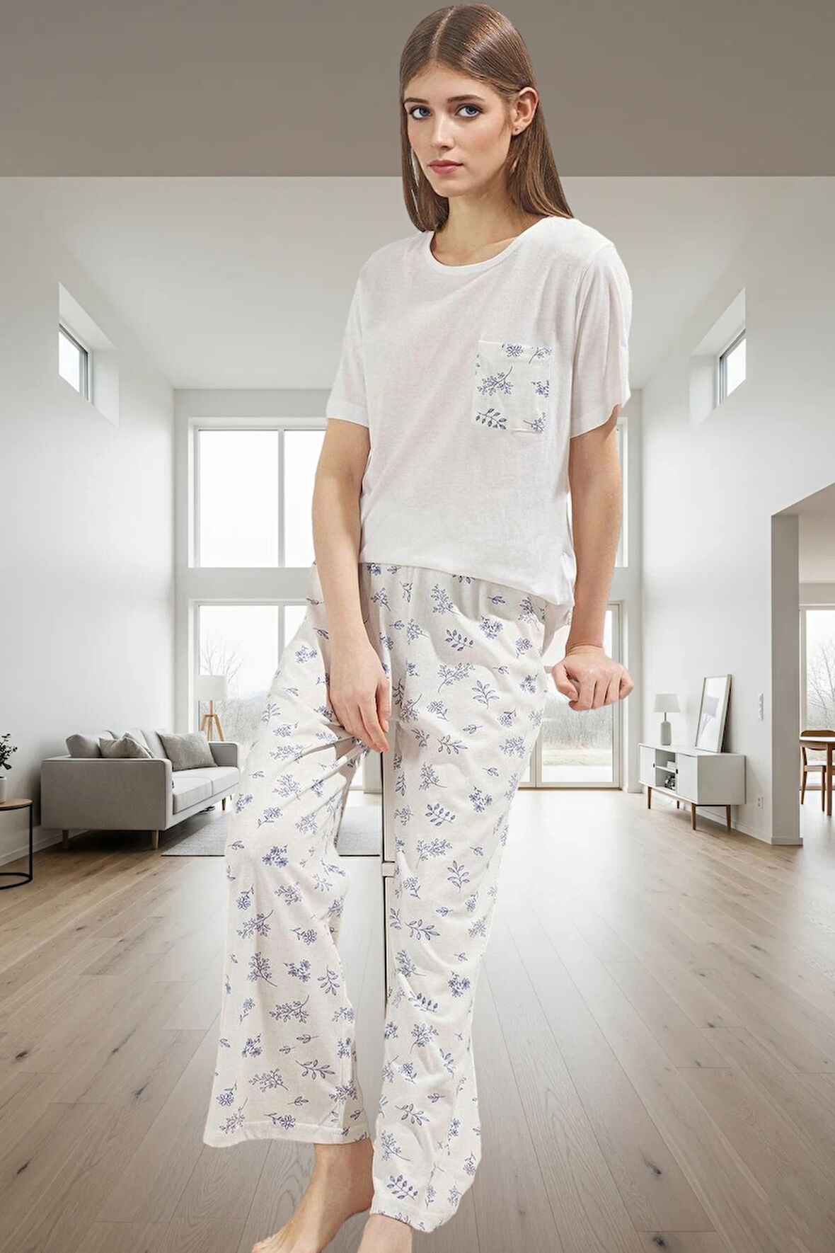 Rahat Hamile Pijama Takımı %100 Pamuk Çiçekli Kapri Pantolon Profesyonel Görünüm Seçkin Malzeme