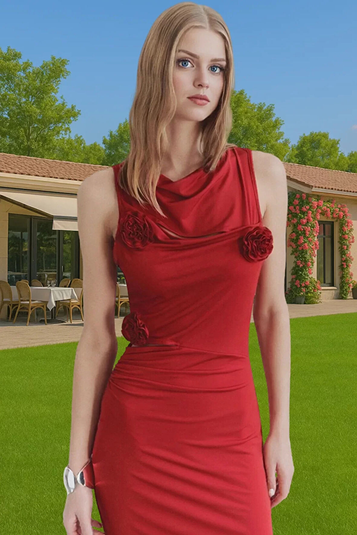 Bodycon Gül Detaylı Örme Abiye Elbise Polyester Yazlık Dayanıklı Malzeme Dayanıklı Malzeme