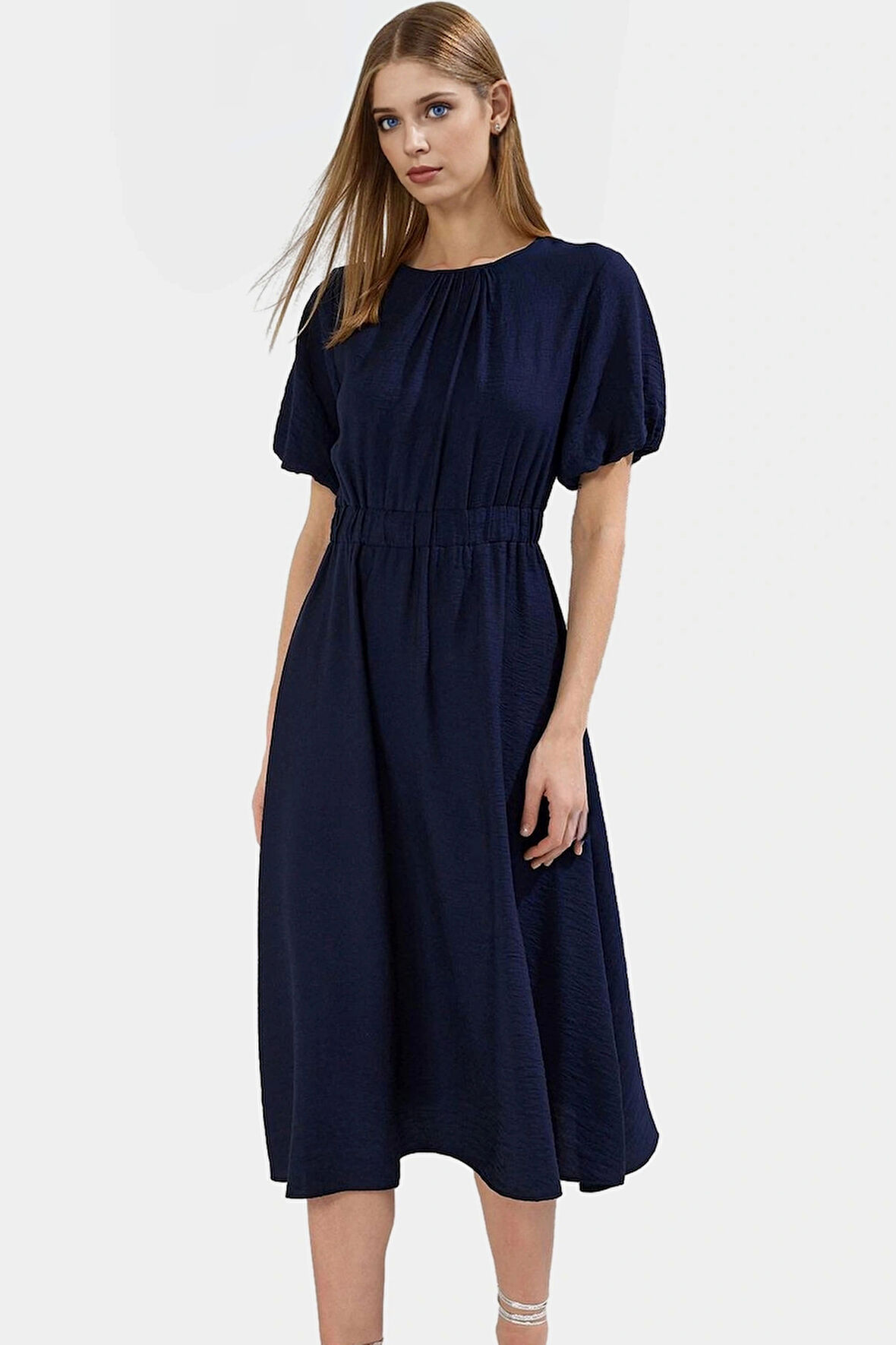 Şık Polyester Midi Elbise A Line Kesim Keten Görünümlü Dokuma Trend Tasarım