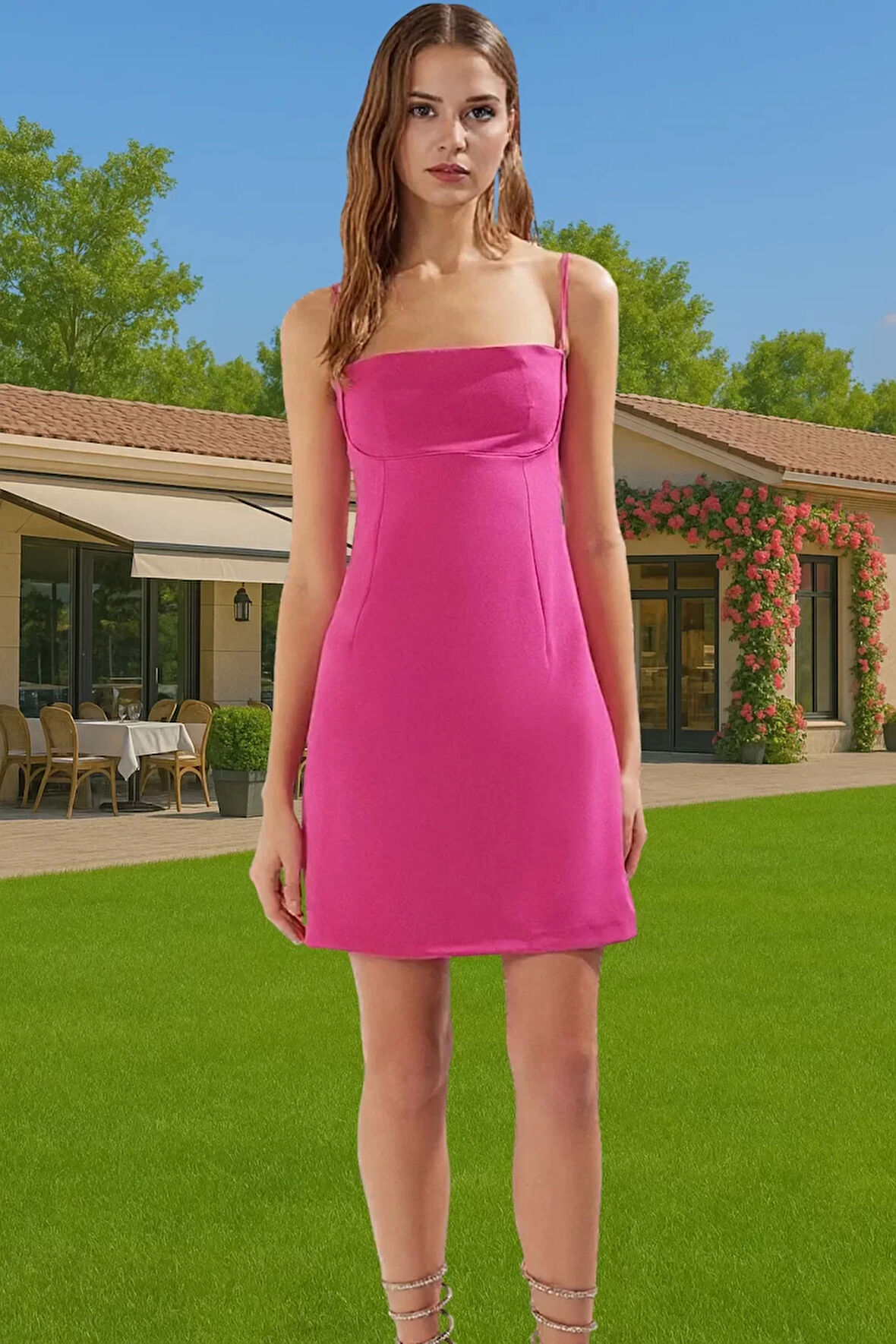 Feminen A Kesim Kısa Elbise Polyester Elastan Yazlık Gece Elbisesi Modern Stil Trend Tasarım