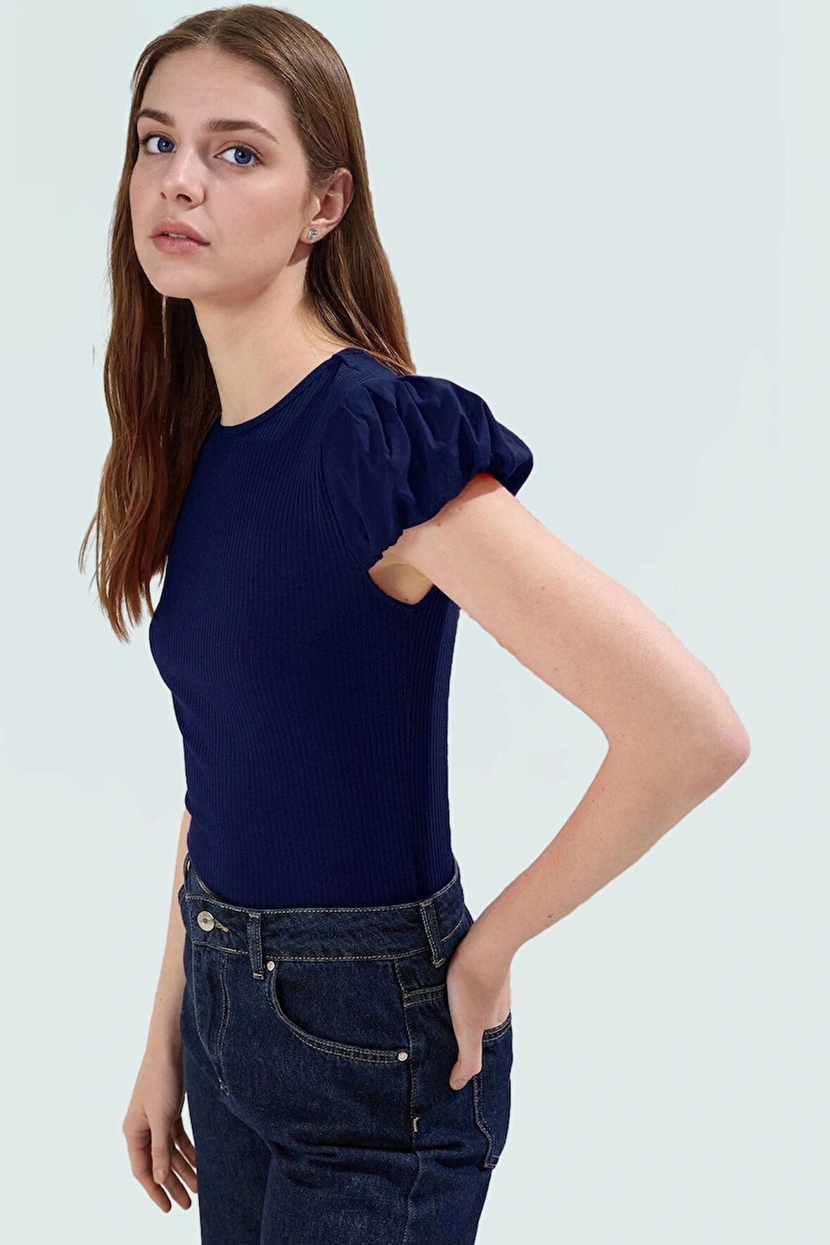 Dokuma Detaylı Kaşkorse Örme Bluz Regular Bisiklet Yaka Feminen Yazlık Günlük Kullanım İçin