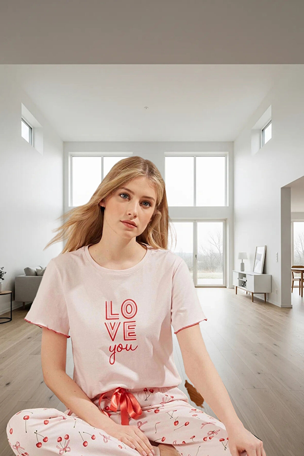 Evde Rahatlık İçin %100 Pamuklu Kiraz Desenli Pijama Takımı Kaliteli İşçilik Dayanıklı Malzeme