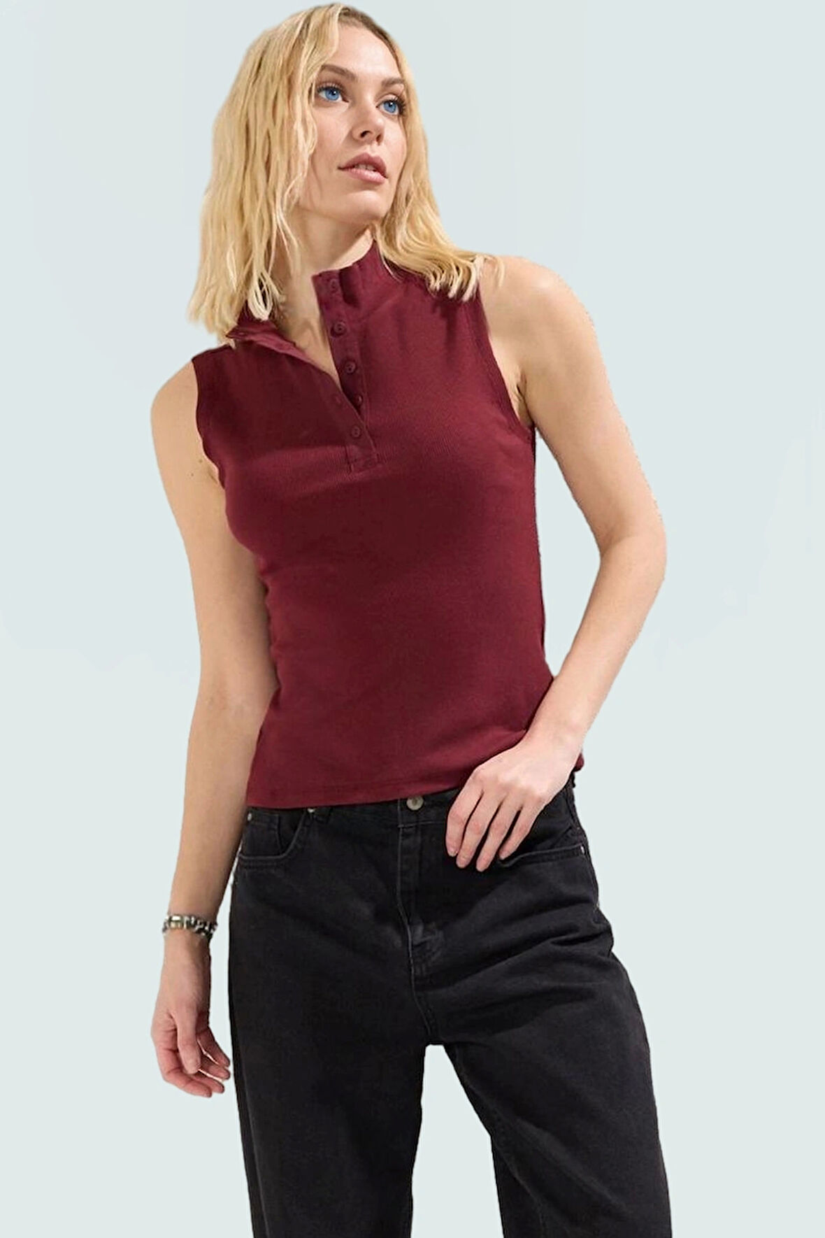 Modal Örme Bluz Dik Yaka Fitted Kolsuz Yazlık Günlük Stil Rahat Kullanım Özel Tasarım