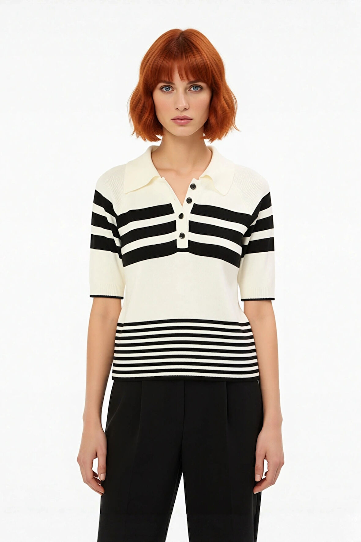 İlkbahar Sonbahar Kadın Renk Bloklu Polo Yaka Kısa Kollu İnce Triko Bluz Basic Şıklık Sunar