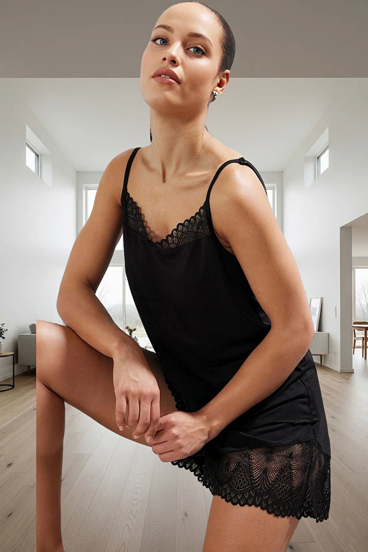 Rahat ve Şık Pijama Takımı Viskoz Kumaş Dantel Detay İnce Askılı Günlük Kullanım İçin